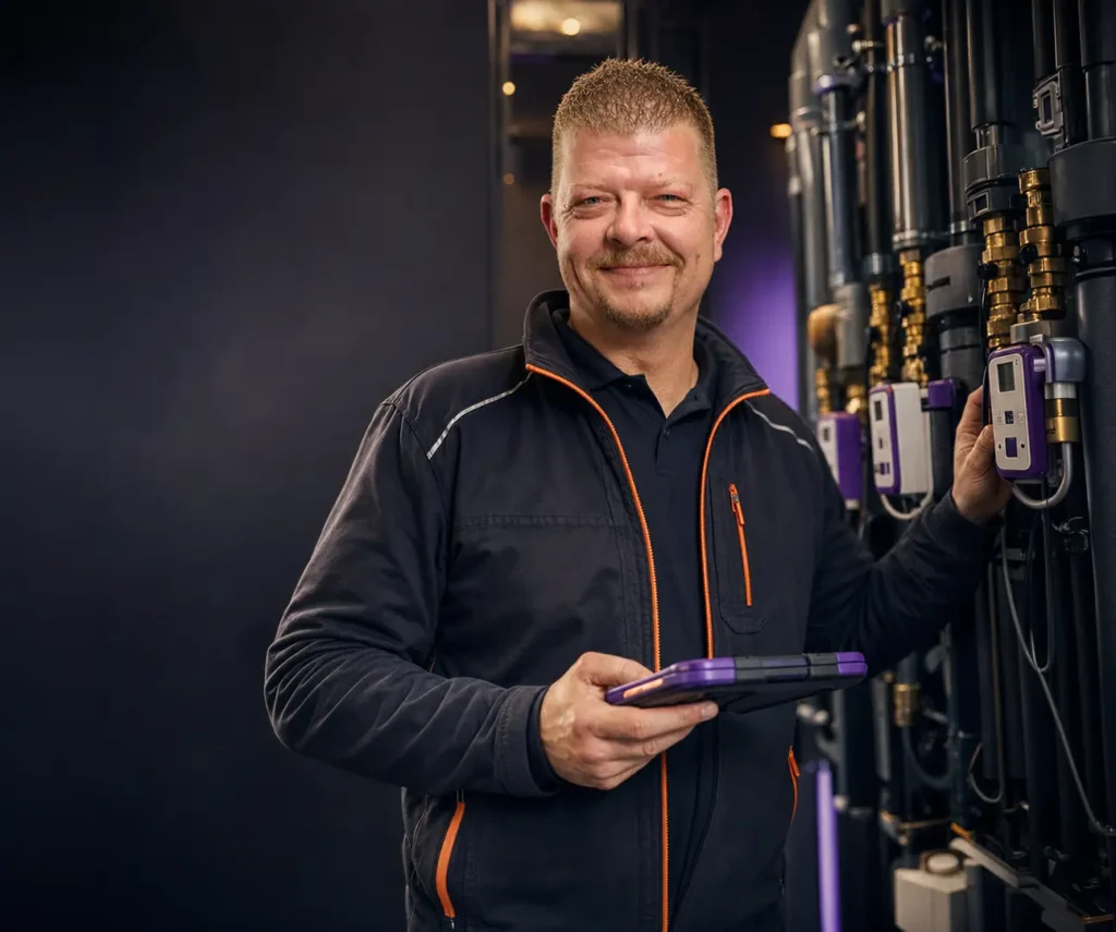 Matthias Dörnberg, lächelnder Techniker mit Tablet prüft elektronische Messgeräte an Rohrleitungen in einer technischen Anlage